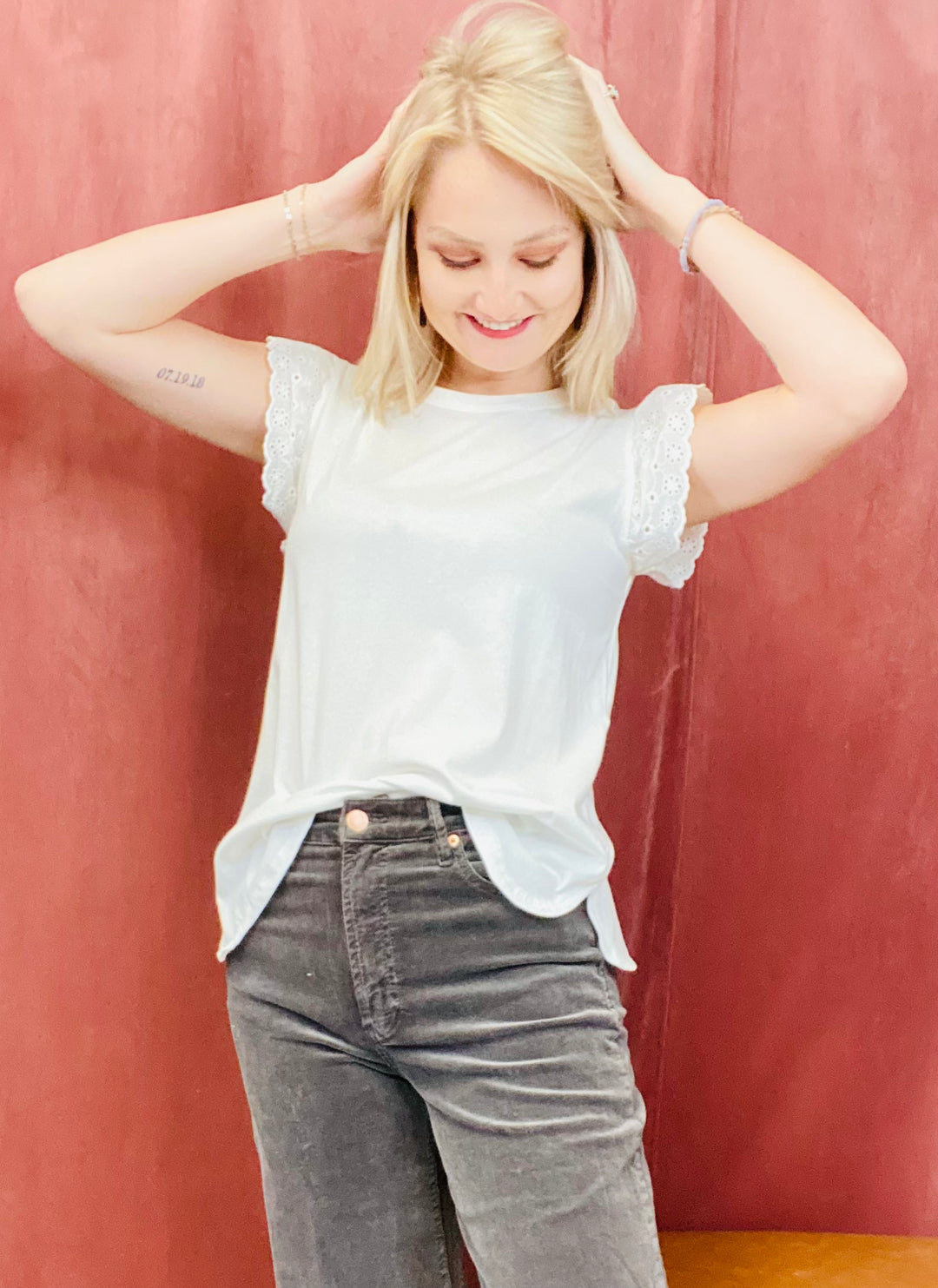 Amanda Eyelet Sleeve Blouse - White-Tops-Anatomy Clothing Boutique in Brenham, Texas