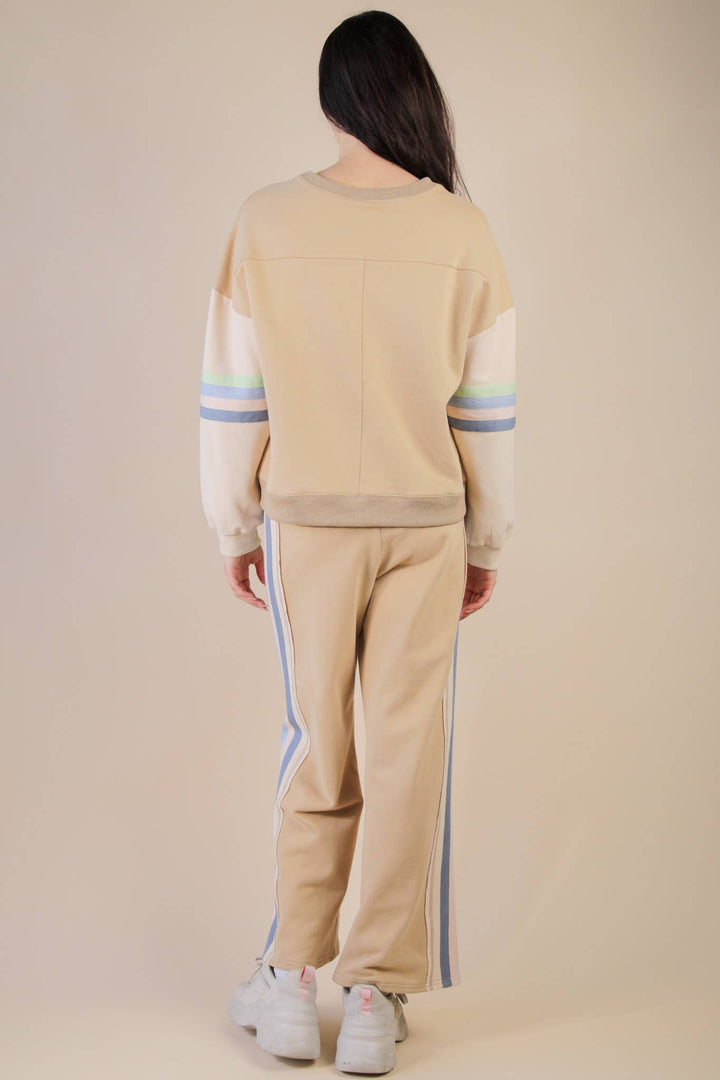 NT12360SET-Color Tape Detail Knit Top & Pants Comfy Set: DENIM / S-M-L/2-2-2-Anatomy Clothing Boutique in Brenham, Texas