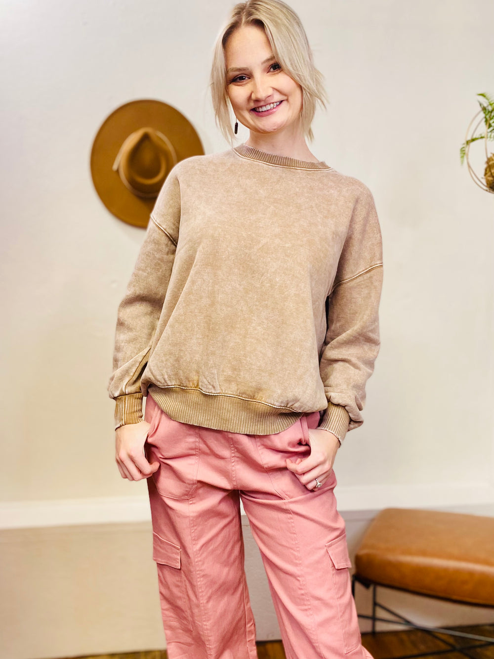 Everyday Crew Neck Pullover Sweater - Taupe-Tops-Anatomy Clothing Boutique in Brenham, Texas