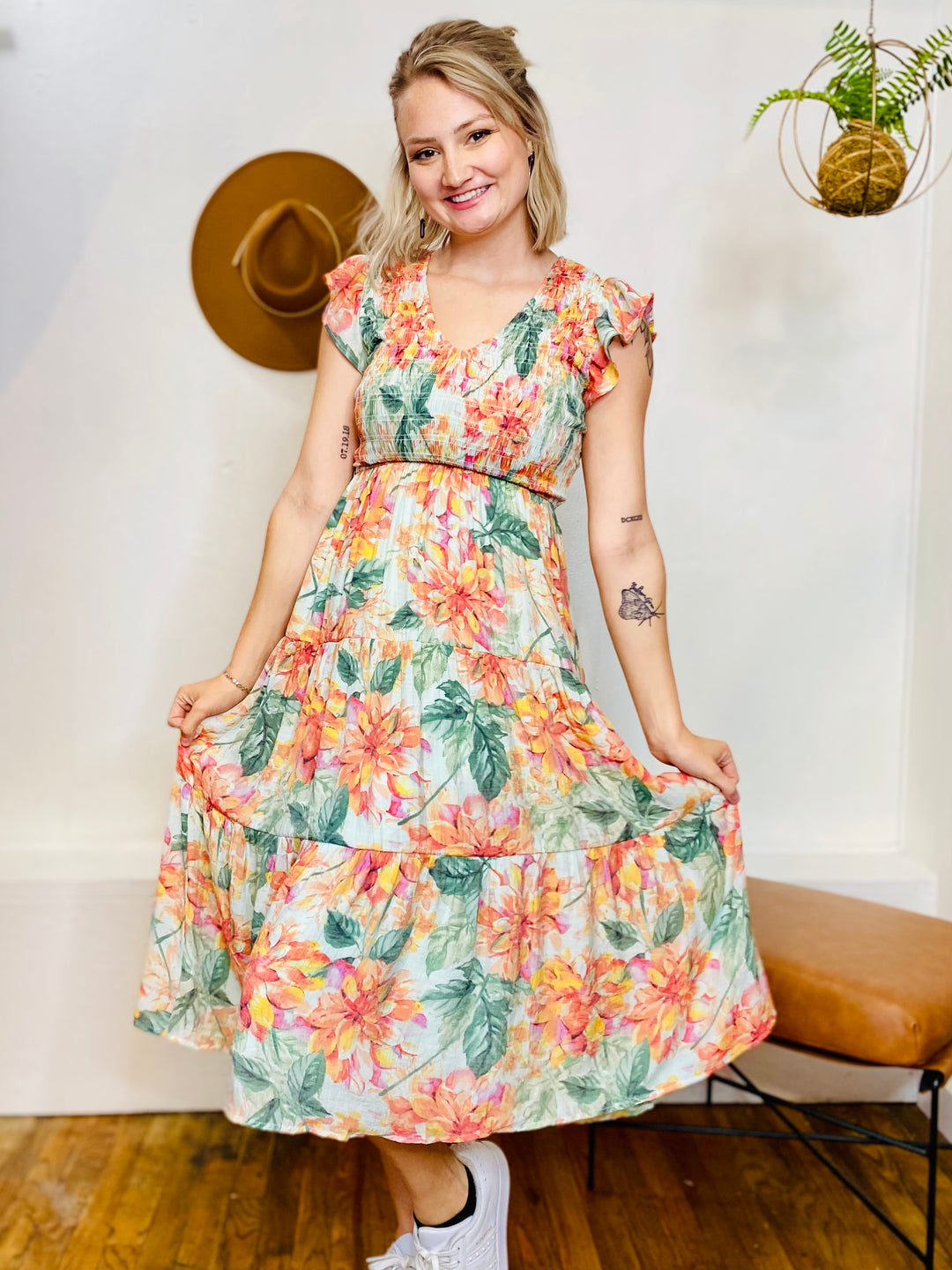 Agatha Floral Smocked Midi Dress-Dresses-Anatomy Clothing Boutique in Brenham, Texas