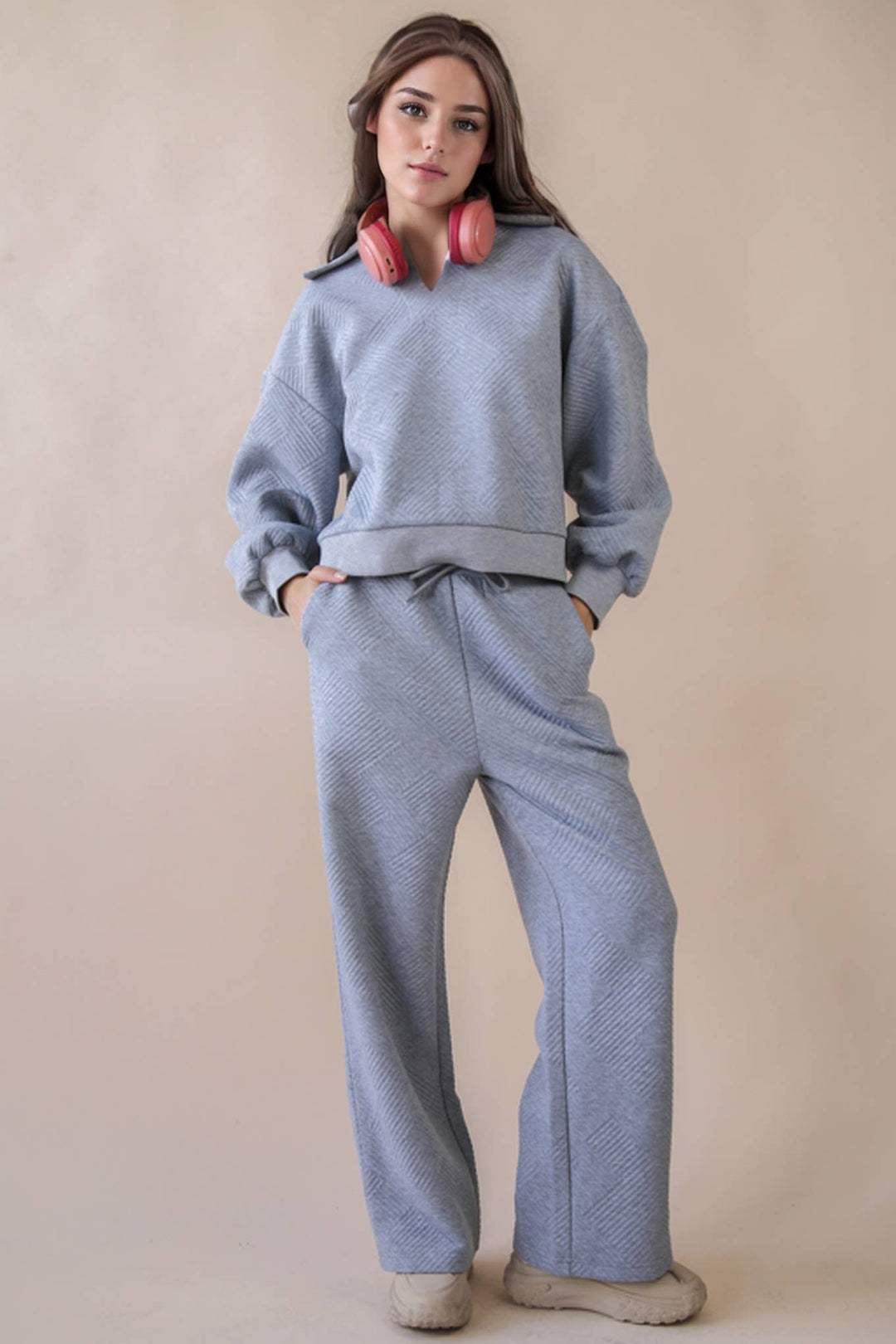 NT12404SET-Textured Knit Casual Comfy Top & Pants Set: H GREY / S-M-L/2-2-2-Anatomy Clothing Boutique in Brenham, Texas