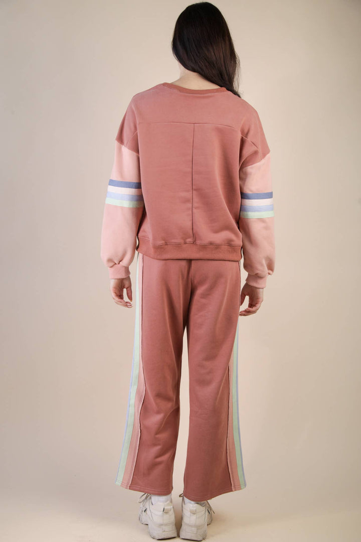 NT12360SET-Color Tape Detail Knit Top & Pants Comfy Set: DENIM / S-M-L/2-2-2-Anatomy Clothing Boutique in Brenham, Texas