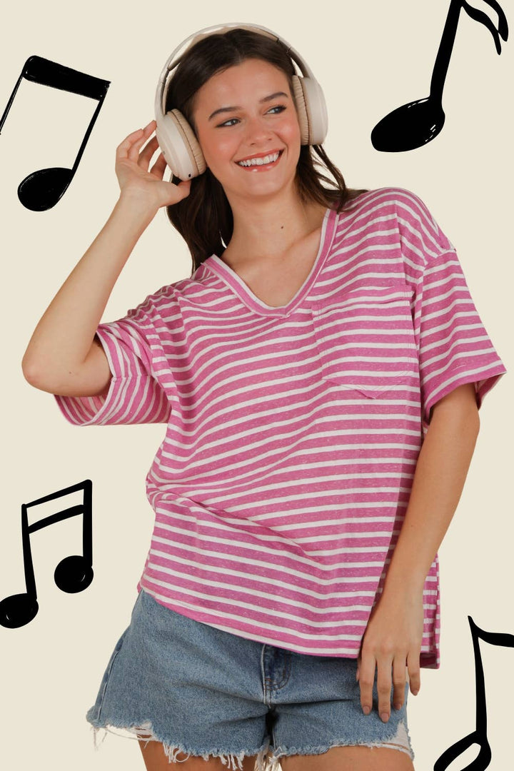 Oversized Stripe V-Neck Top-Rose-Tops-Anatomy Clothing Boutique in Brenham, Texas