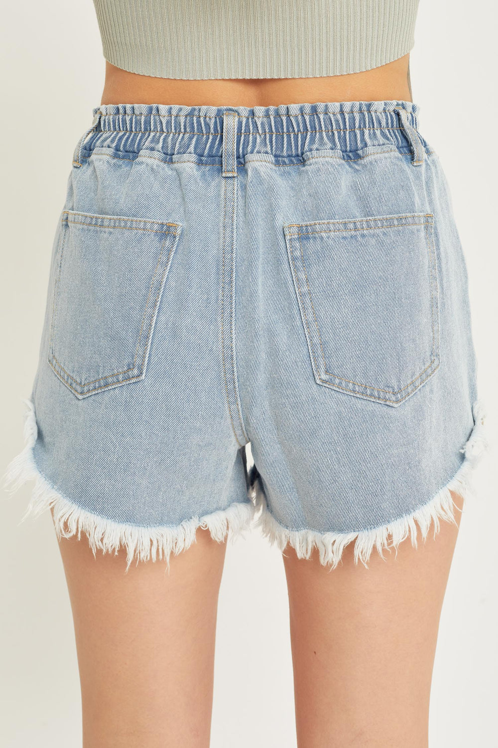 Stretch Waist Denim Frayed Shorts-Bottoms and Jeans-Anatomy Clothing Boutique in Brenham, Texas