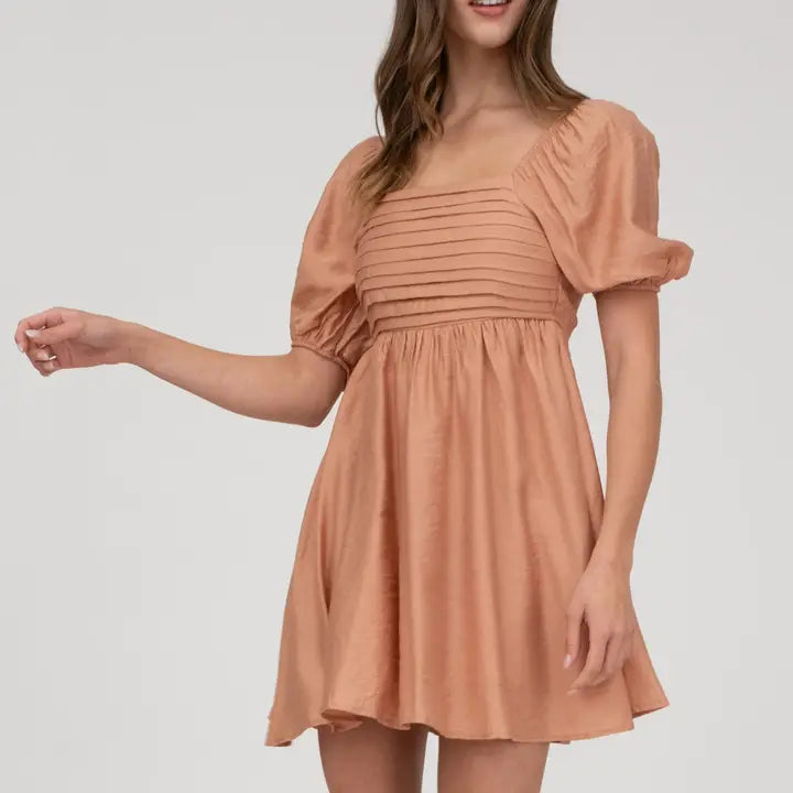 Pleated Puff Sleeve Mini Dress-Dresses-Anatomy Clothing Boutique in Brenham, Texas