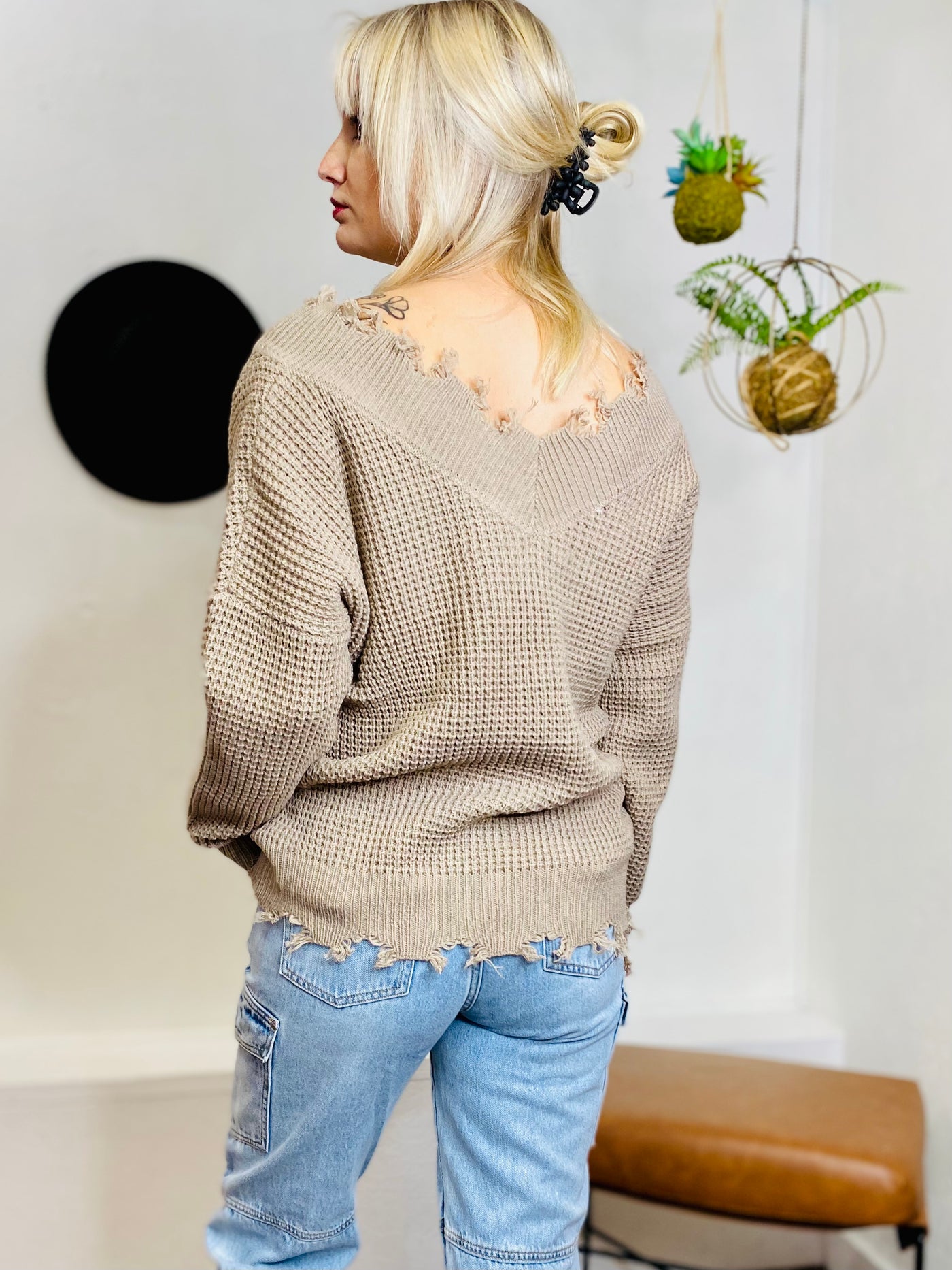 Bex Distressed Knit Sweater - Mocha-Tops-Anatomy Clothing Boutique in Brenham, Texas