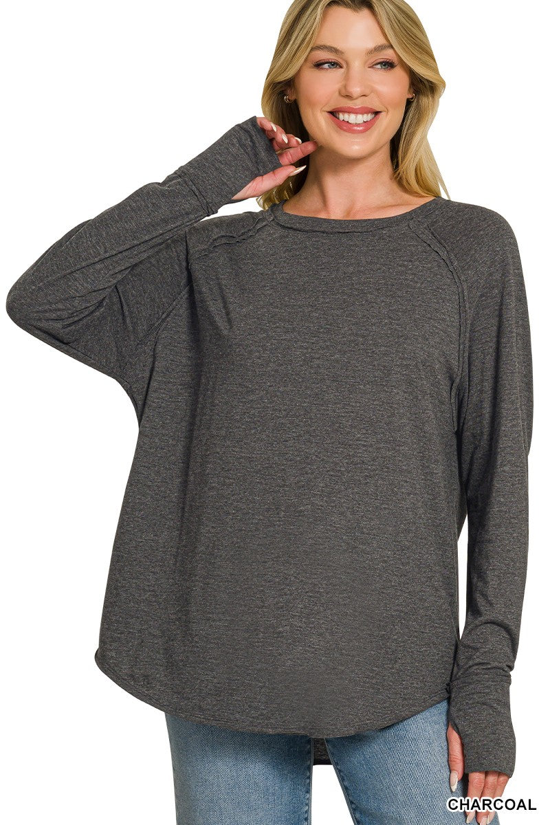 Weekend Replay Thumbhole Top - Charcoal-Tops-Anatomy Clothing Boutique in Brenham, Texas