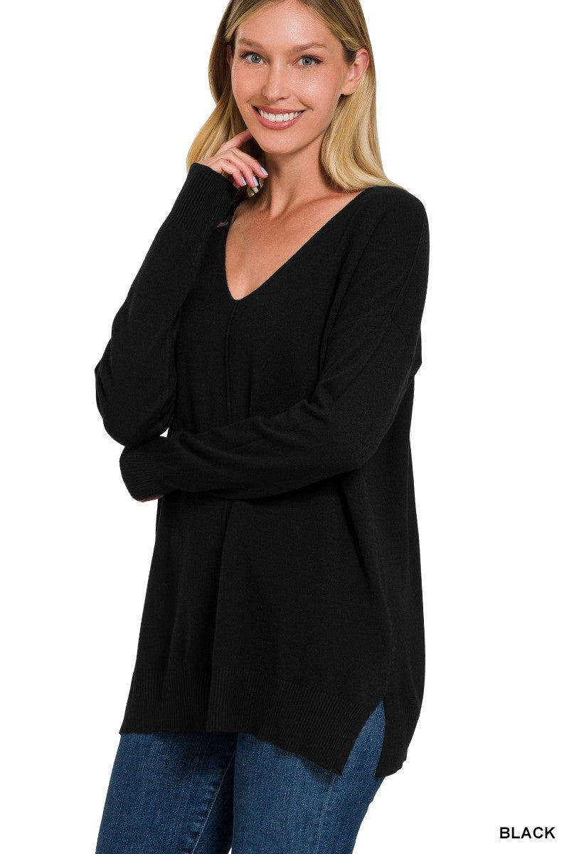 Easy Does It V-Neck Sweater - Black-Tops-Anatomy Clothing Boutique in Brenham, Texas