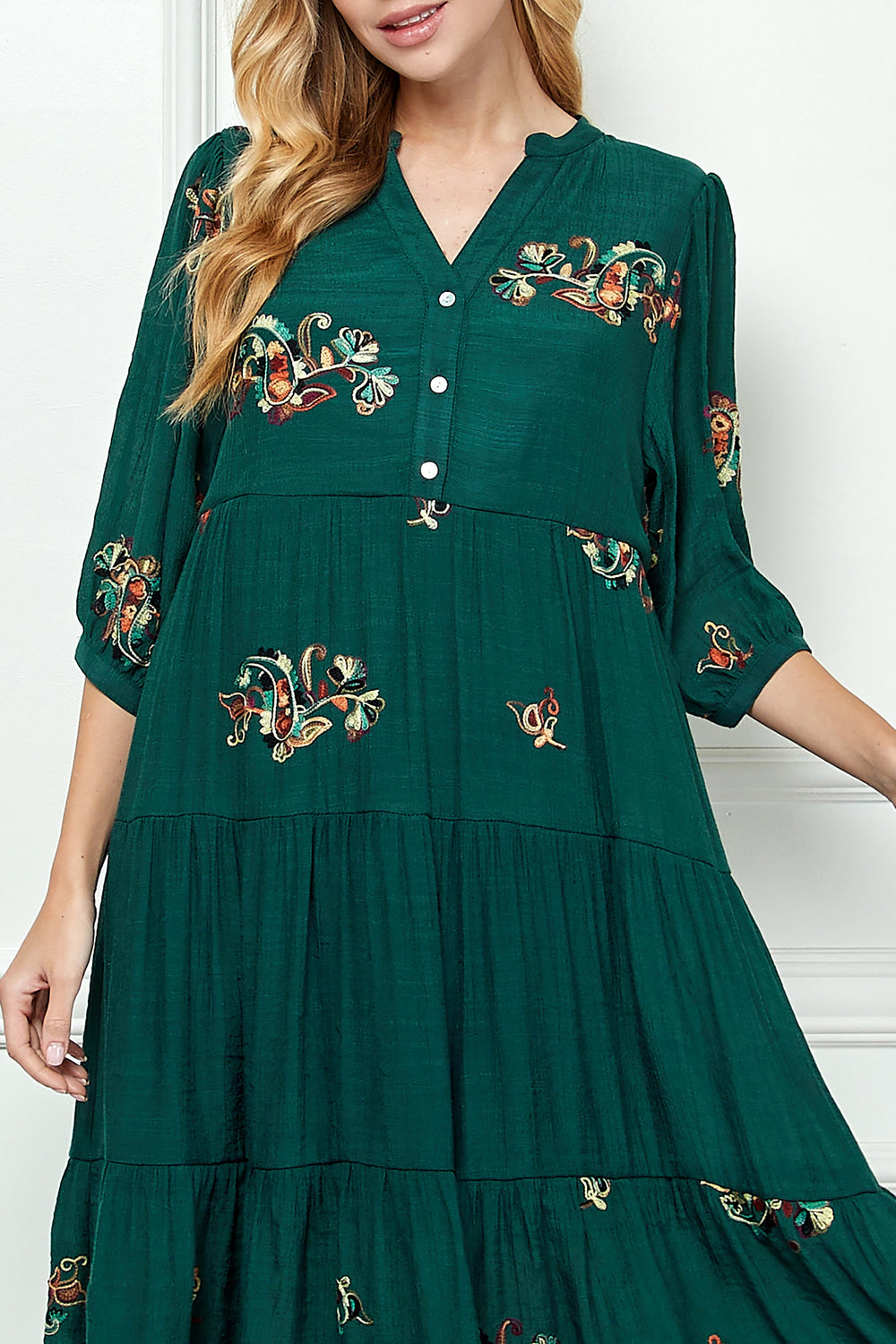 Tiered Embroidered Midi Dress-Dresses-Anatomy Clothing Boutique in Brenham, Texas