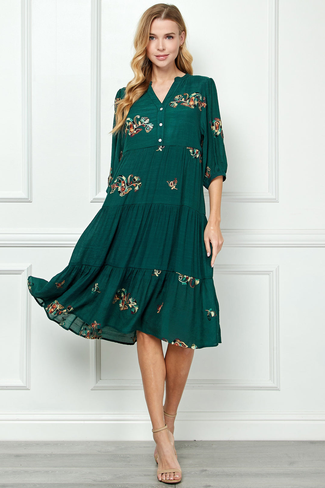 Tiered Embroidered Midi Dress-Dresses-Anatomy Clothing Boutique in Brenham, Texas
