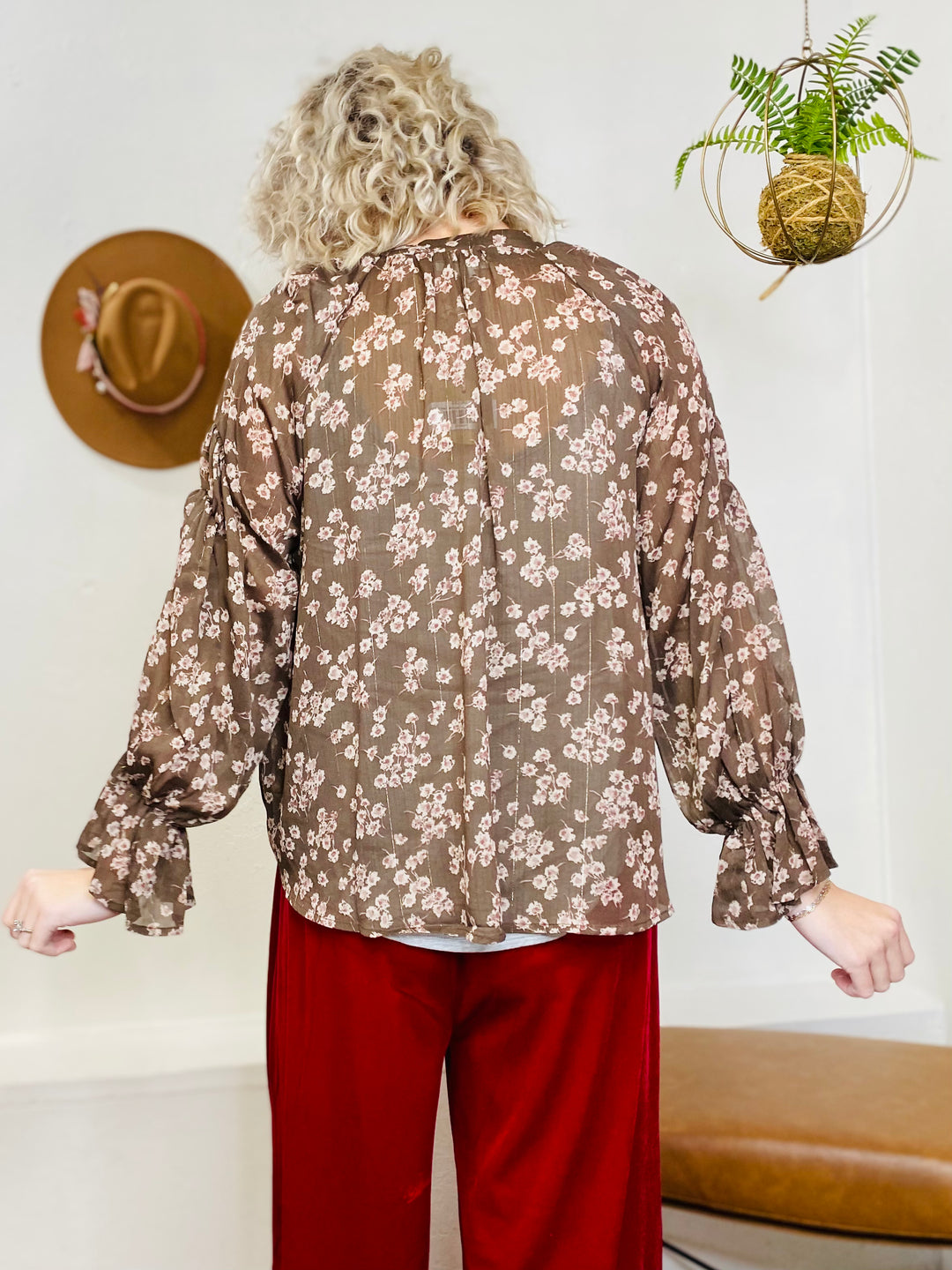 Free Fall Floral Long Sleeve Sheer Blouse-Tops-Anatomy Clothing Boutique in Brenham, Texas
