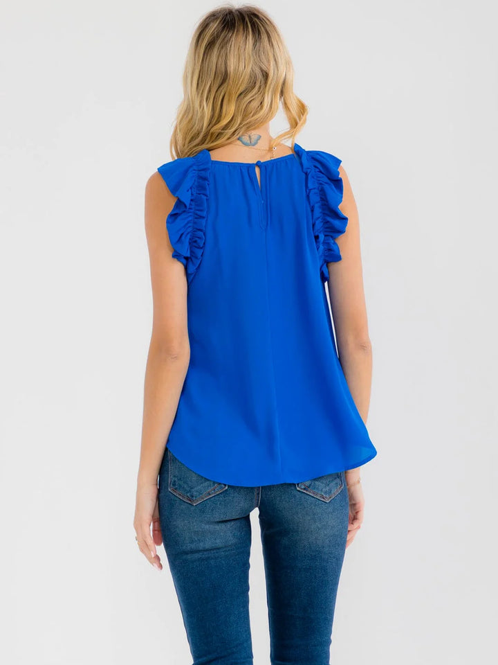 Ruffle Neck Sleeveless Blouse-Tops-Anatomy Clothing Boutique in Brenham, Texas
