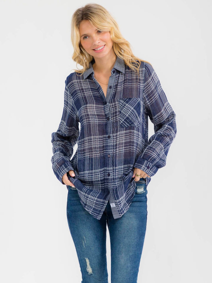Midnight Plaid Button-Up Shirt-Tops-Anatomy Clothing Boutique in Brenham, Texas