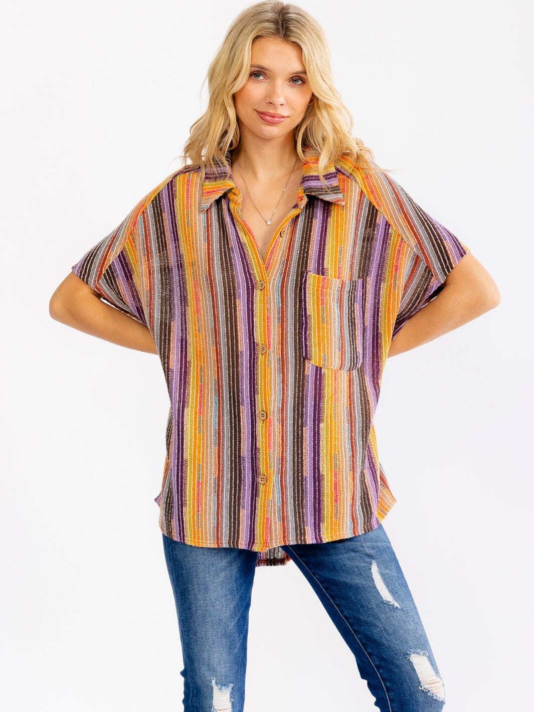 Karma Sunset Stripe Button Up Top-Tops-Anatomy Clothing Boutique in Brenham, Texas