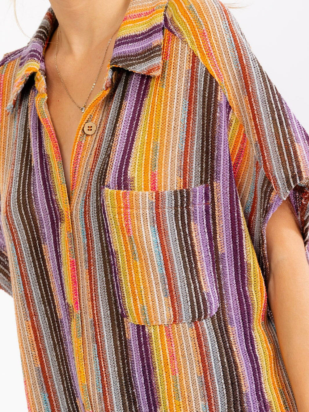 Karma Sunset Stripe Button Up Top-Tops-Anatomy Clothing Boutique in Brenham, Texas