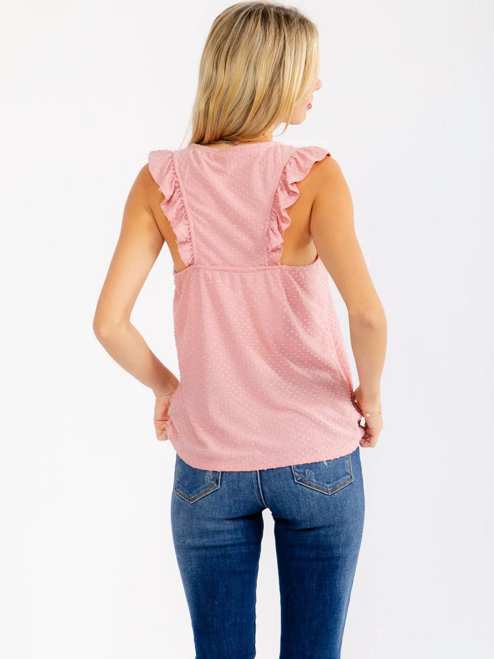 Blush Swiss Dot Ruffle Tank-Tops-Anatomy Clothing Boutique in Brenham, Texas