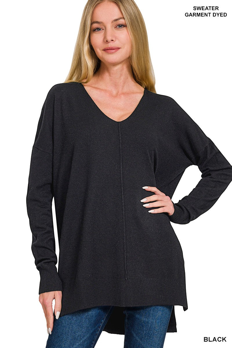 Tami High Low V Neck Sweater - Black-Tops-Anatomy Clothing Boutique in Brenham, Texas