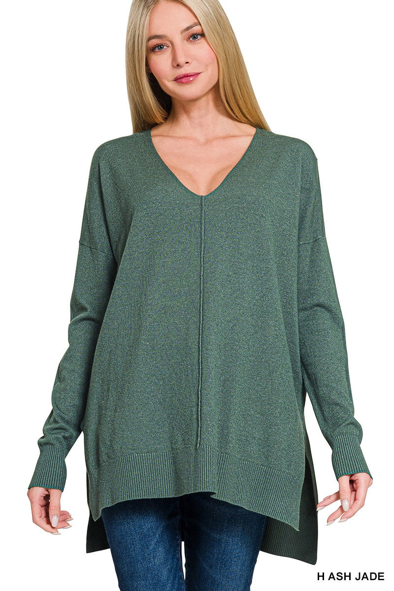 Tami High Low V Neck Sweater - Jade-Tops-Anatomy Clothing Boutique in Brenham, Texas