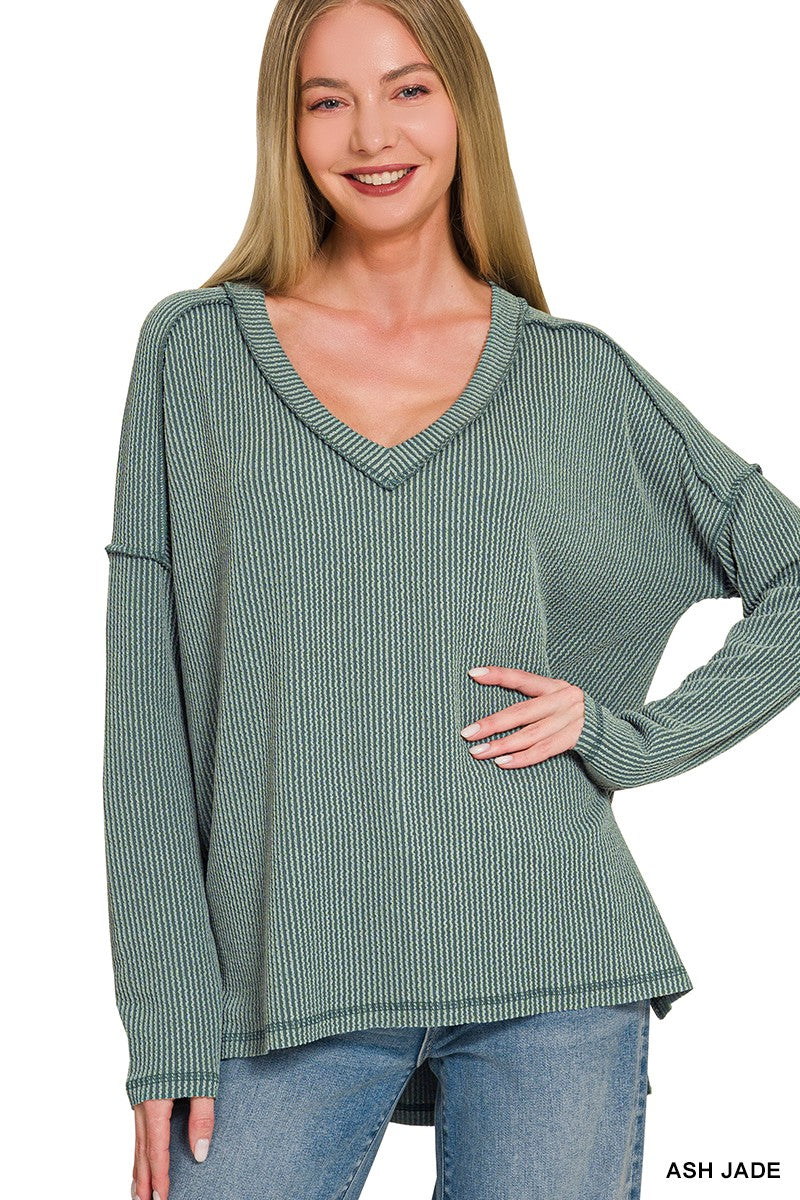 Easy On Me Ribbed V-Neck Top - Ash Jade-Tops-Anatomy Clothing Boutique in Brenham, Texas