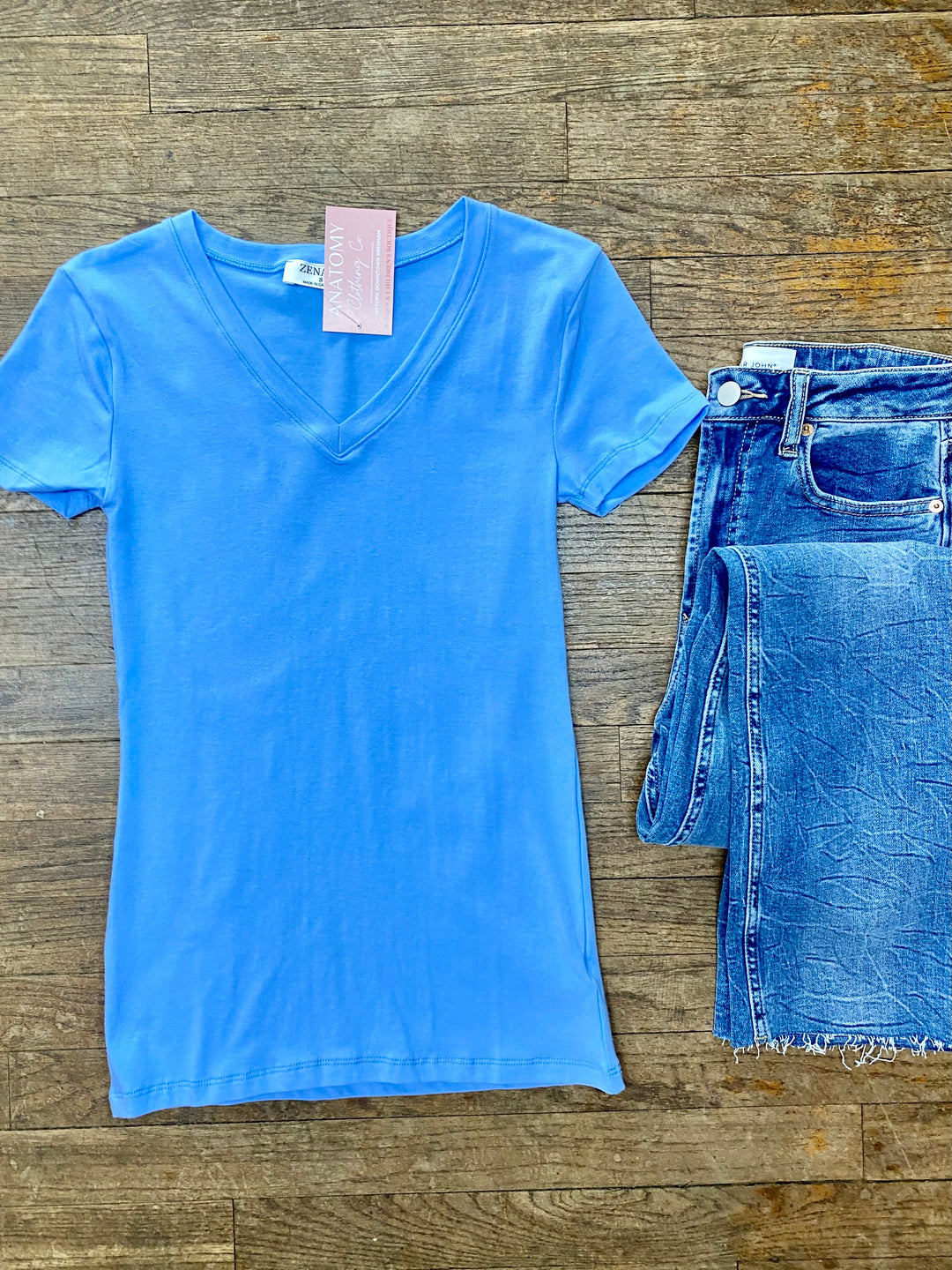 Perfect Basic V Neck Tee - Blue-Tops-Anatomy Clothing Boutique in Brenham, Texas