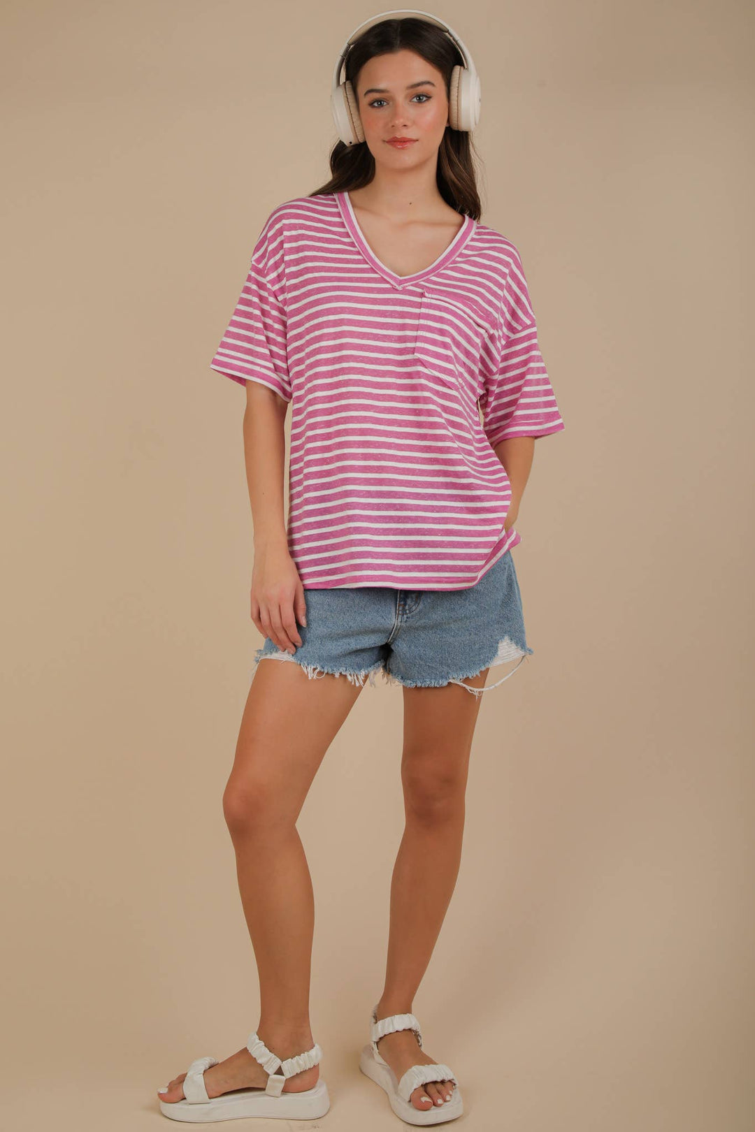 Oversized Stripe V-Neck Top-Rose-Tops-Anatomy Clothing Boutique in Brenham, Texas