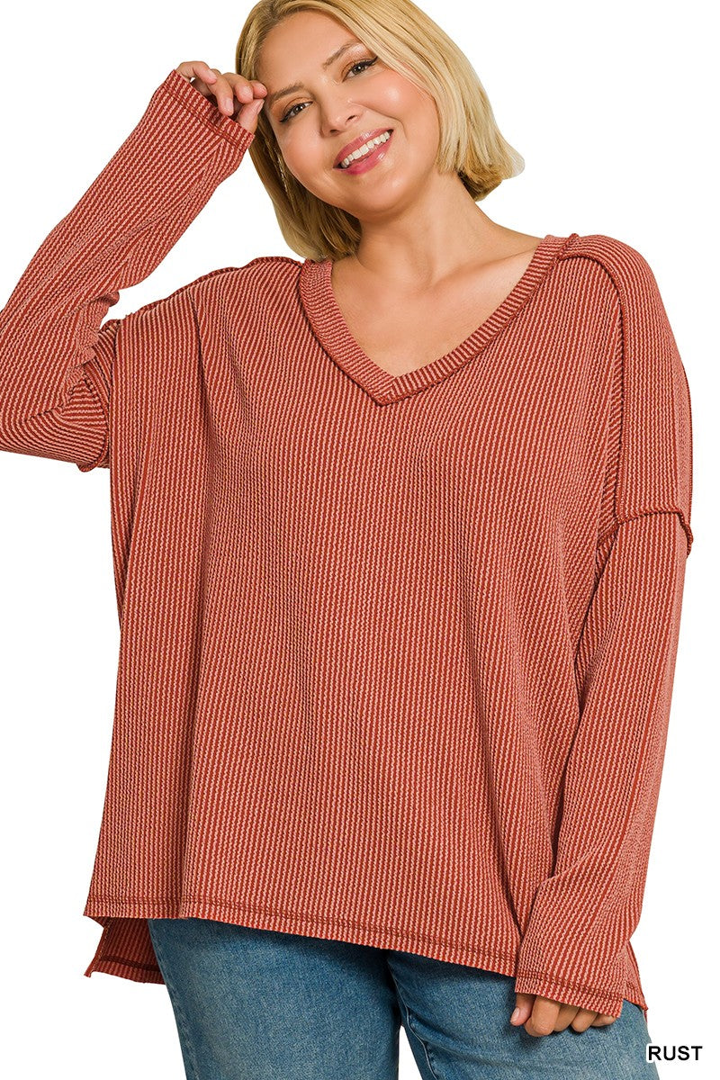 Easy On Me Ribbed V-Neck Top - Rust-Tops-Anatomy Clothing Boutique in Brenham, Texas