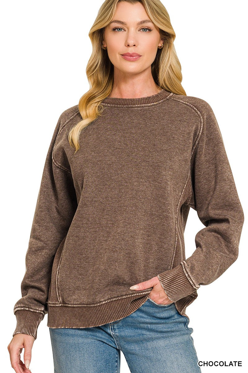 Washed & Worn Side Rib Sweatshirt - Chocolate-Tops-Anatomy Clothing Boutique in Brenham, Texas