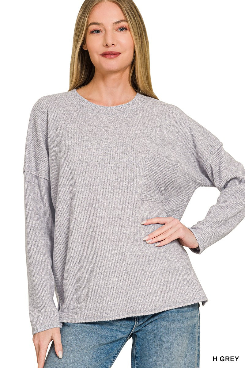 Soft Spoken Pocket Sweater - Grey-Tops-Anatomy Clothing Boutique in Brenham, Texas