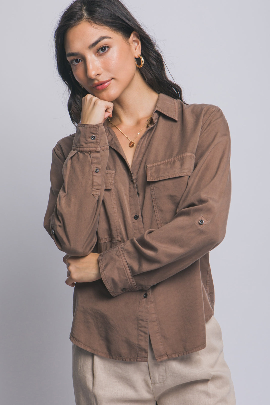 Cocoa Utility Shirt-Tops-Anatomy Clothing Boutique in Brenham, Texas