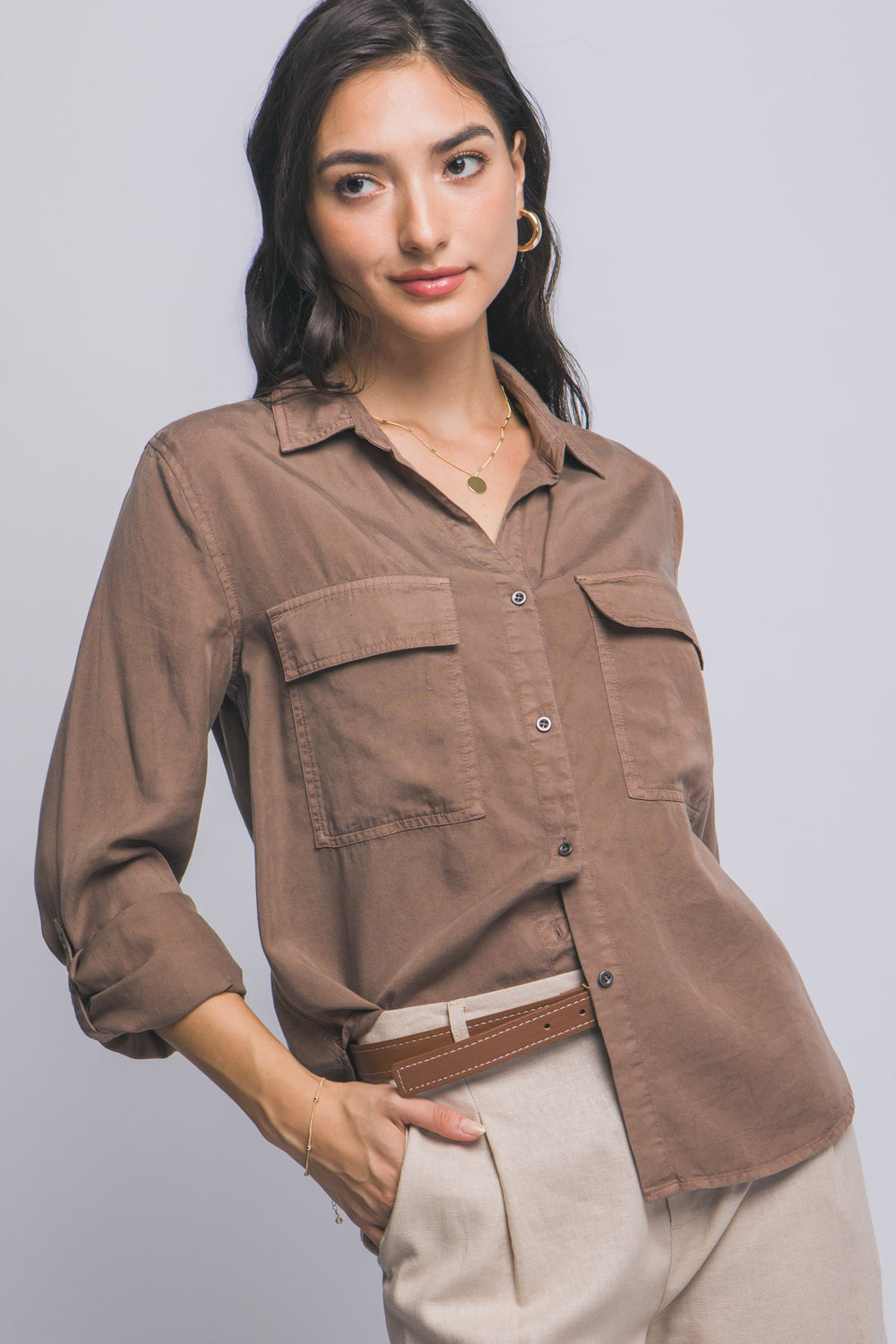 Cocoa Utility Shirt-Tops-Anatomy Clothing Boutique in Brenham, Texas