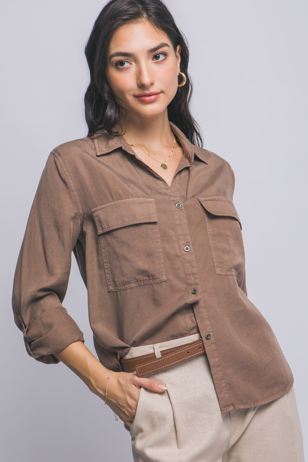 Cocoa Utility Shirt-Tops-Anatomy Clothing Boutique in Brenham, Texas