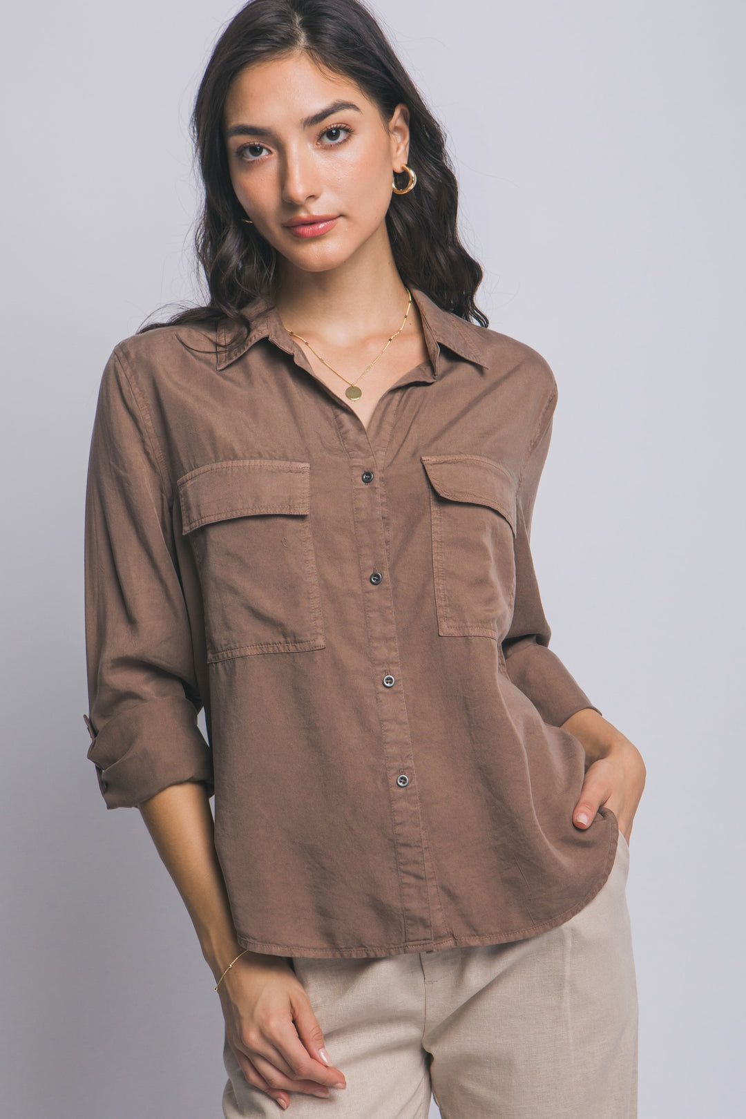 Cocoa Utility Shirt-Tops-Anatomy Clothing Boutique in Brenham, Texas