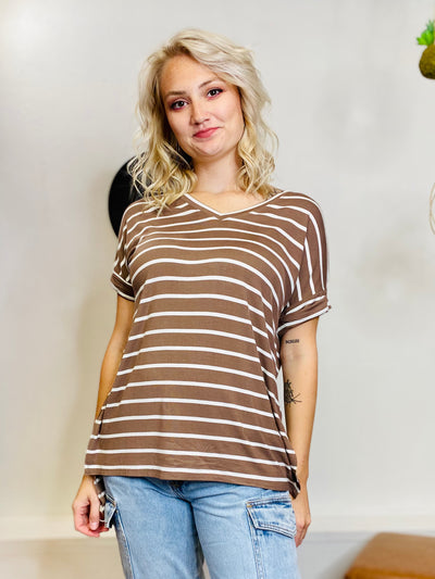 Terri Striped V Neck Tee - Mocha-Tops-Anatomy Clothing Boutique in Brenham, Texas