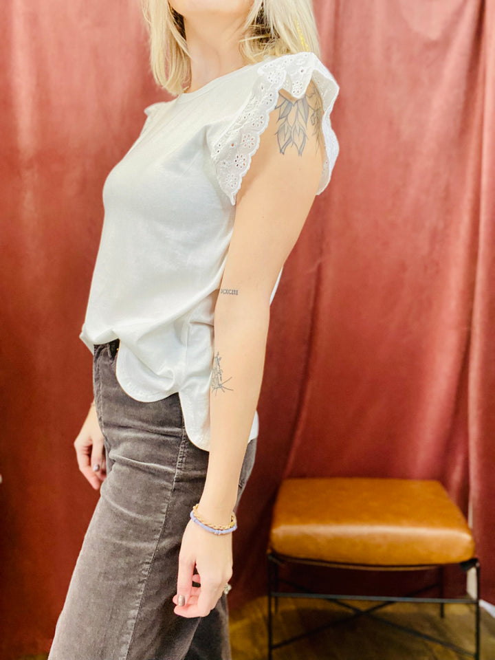 Amanda Eyelet Sleeve Blouse - White-Tops-Anatomy Clothing Boutique in Brenham, Texas