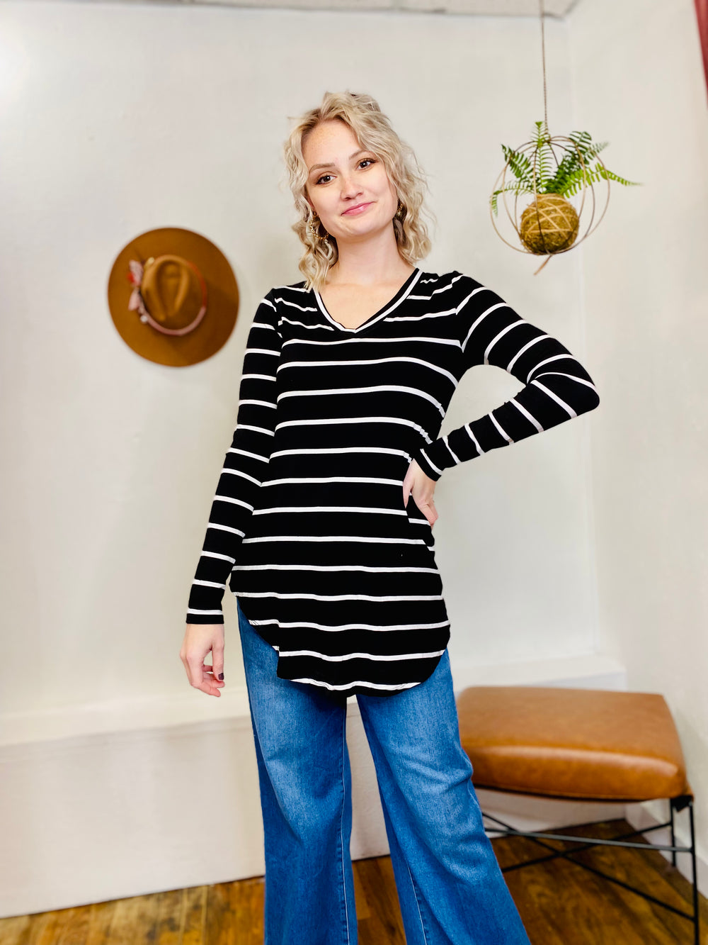 Stacey Stripe Long Sleeve Top - Black-Tops-Anatomy Clothing Boutique in Brenham, Texas