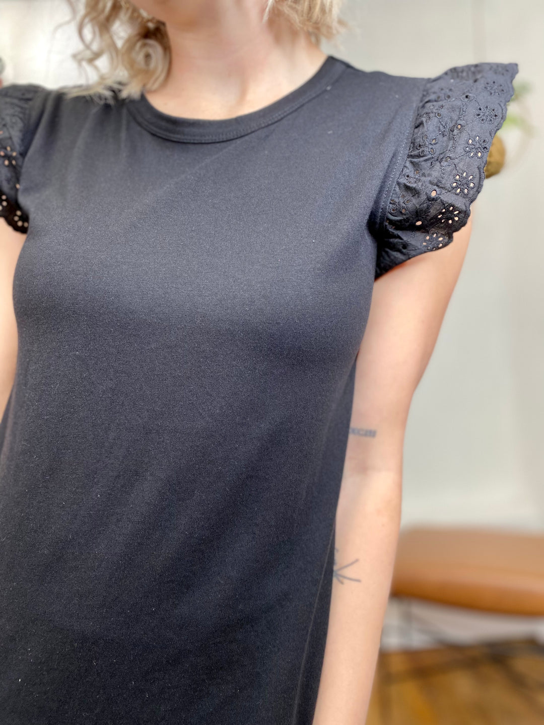 Amanda Eyelet Sleeve Blouse - Black-Tops-Anatomy Clothing Boutique in Brenham, Texas
