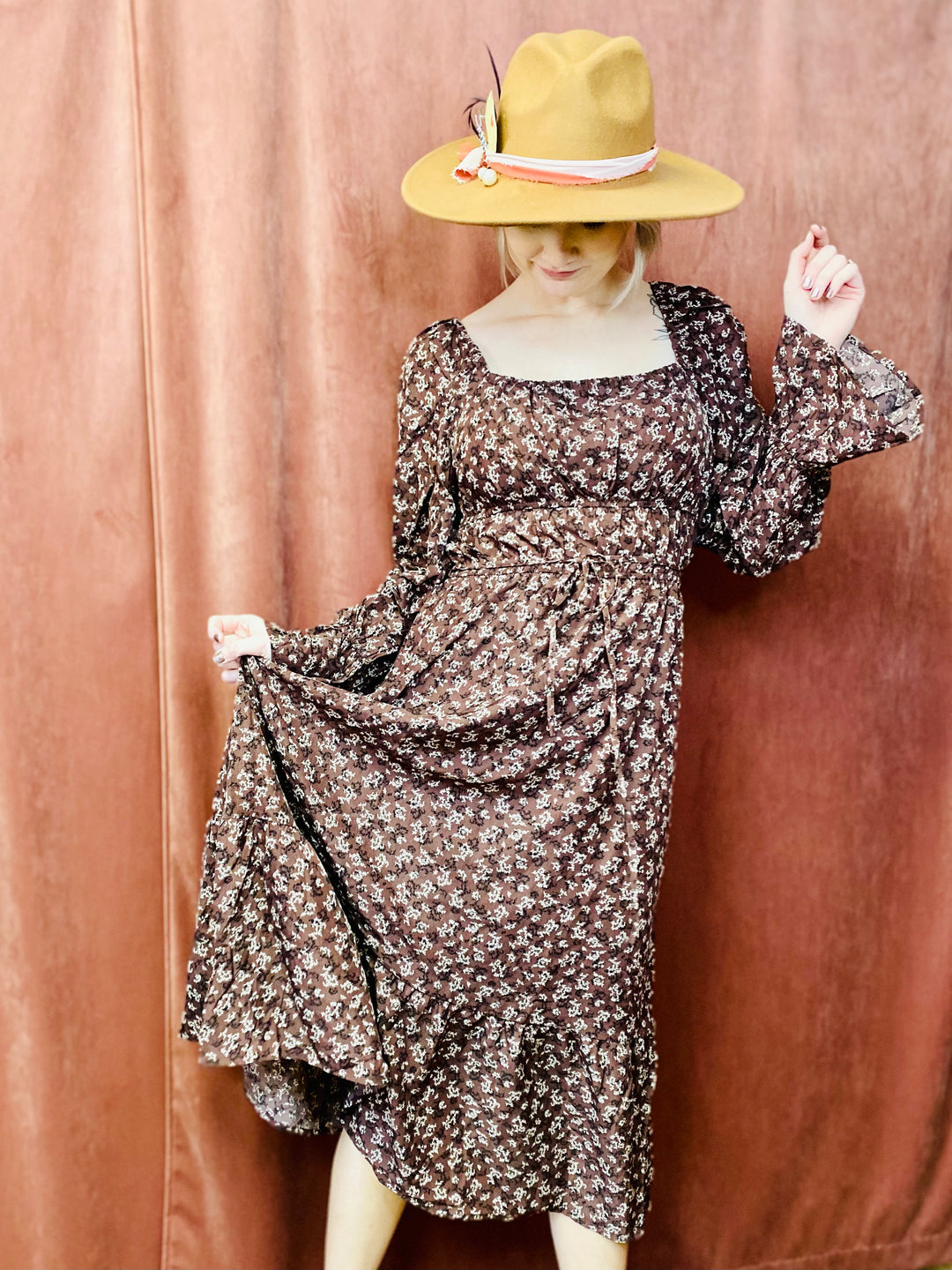 Brown Floral Smocked Midi Dress-Dresses-Anatomy Clothing Boutique in Brenham, Texas
