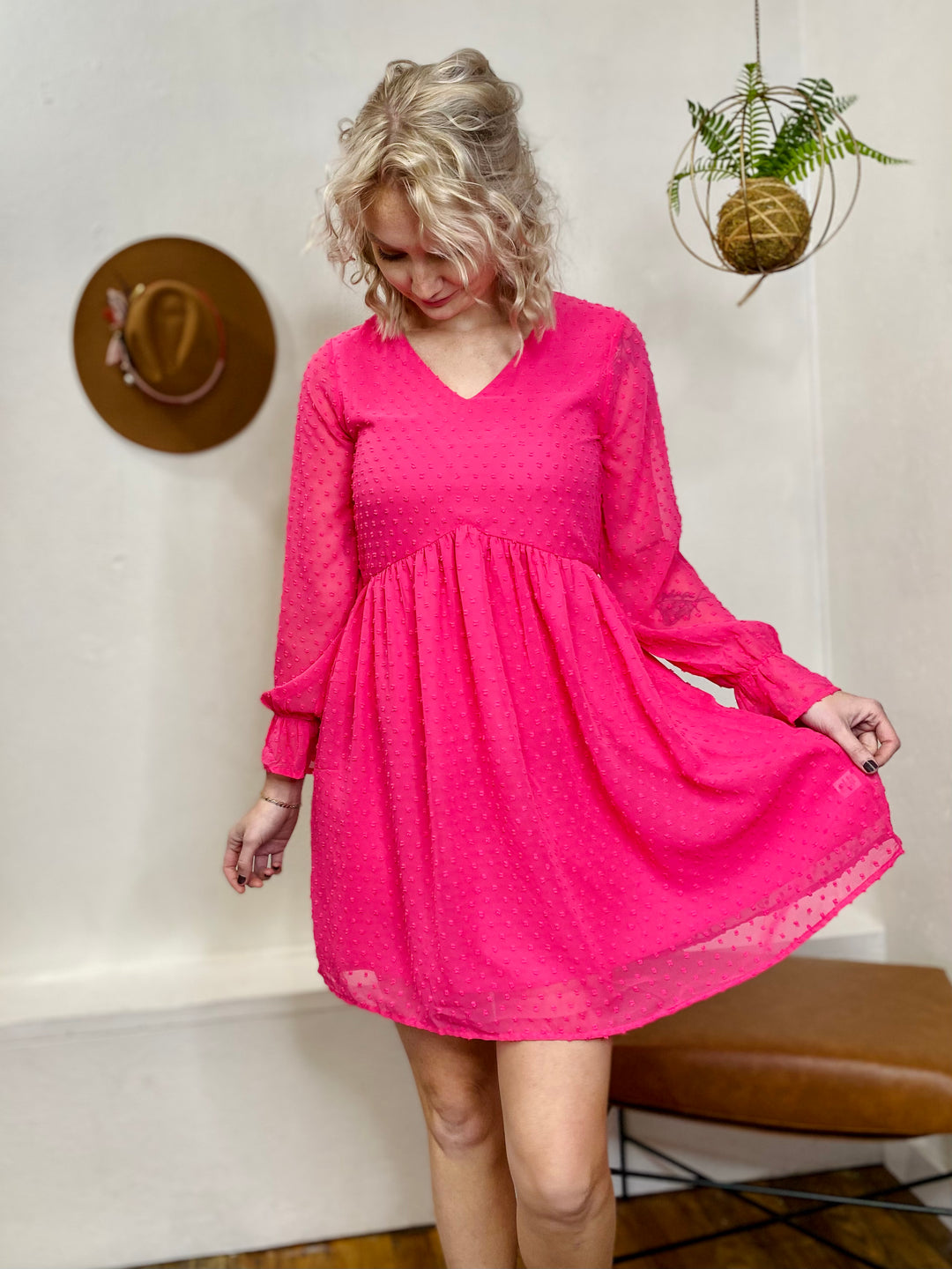Midnights Long Sleeve Dot Dress - Fuschia-Dresses-Anatomy Clothing Boutique in Brenham, Texas