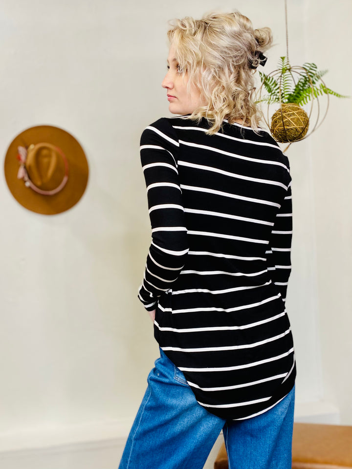 Stacey Stripe Long Sleeve Top - Black-Tops-Anatomy Clothing Boutique in Brenham, Texas