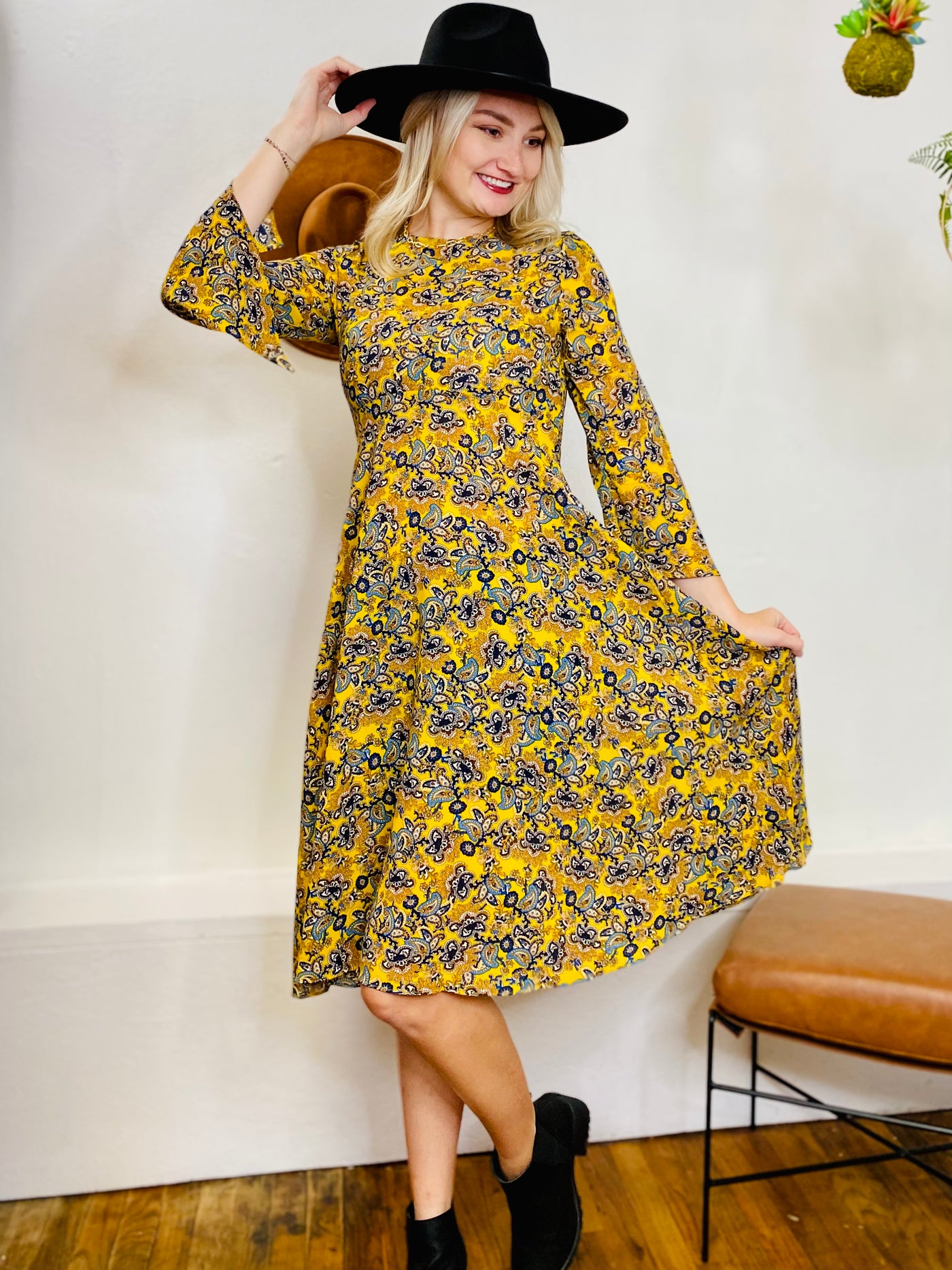 Maddie Paisley Midi Dress-Tops-Anatomy Clothing Boutique in Brenham, Texas