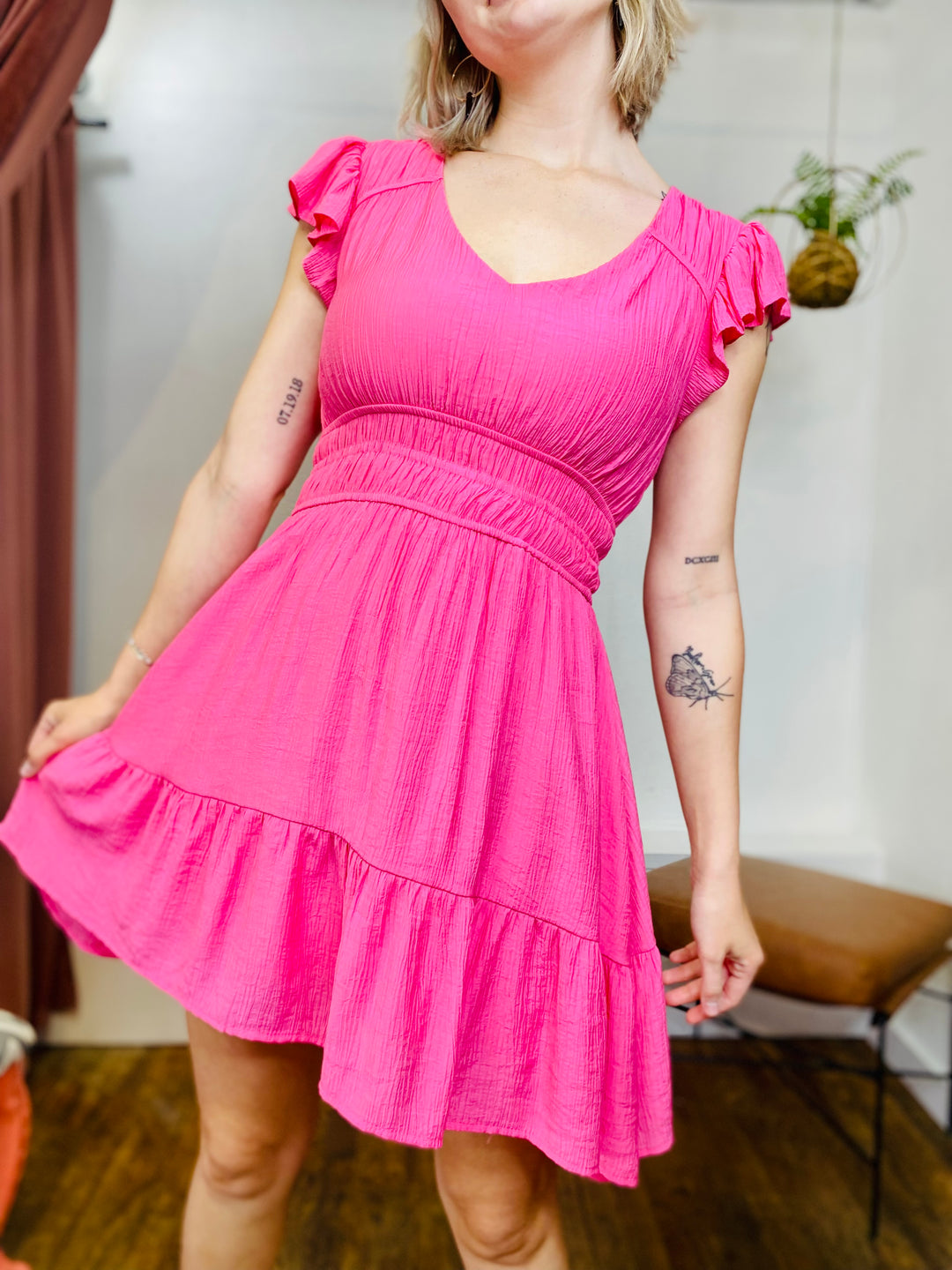 Regina Fuchsia Mini Dress-Dresses-Anatomy Clothing Boutique in Brenham, Texas