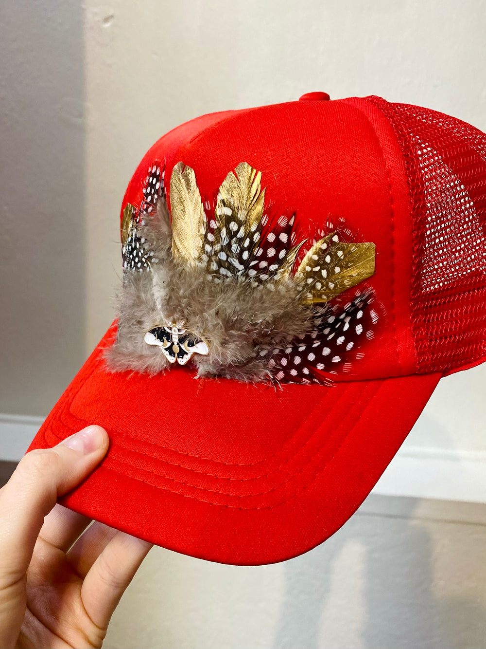 Custom Feather Trucker Hat - Red-Hat-Anatomy Clothing Boutique in Brenham, Texas