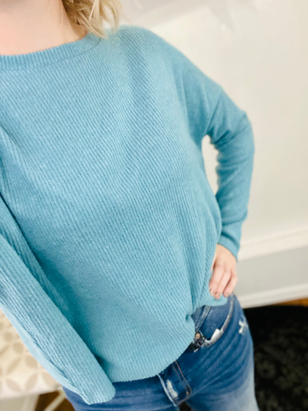 Iris Ribbed Long Sleeve Top - Blue-Tops-Anatomy Clothing Boutique in Brenham, Texas