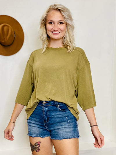 Drop Shoulder High Low Top - Khaki-Tops-Anatomy Clothing Boutique in Brenham, Texas