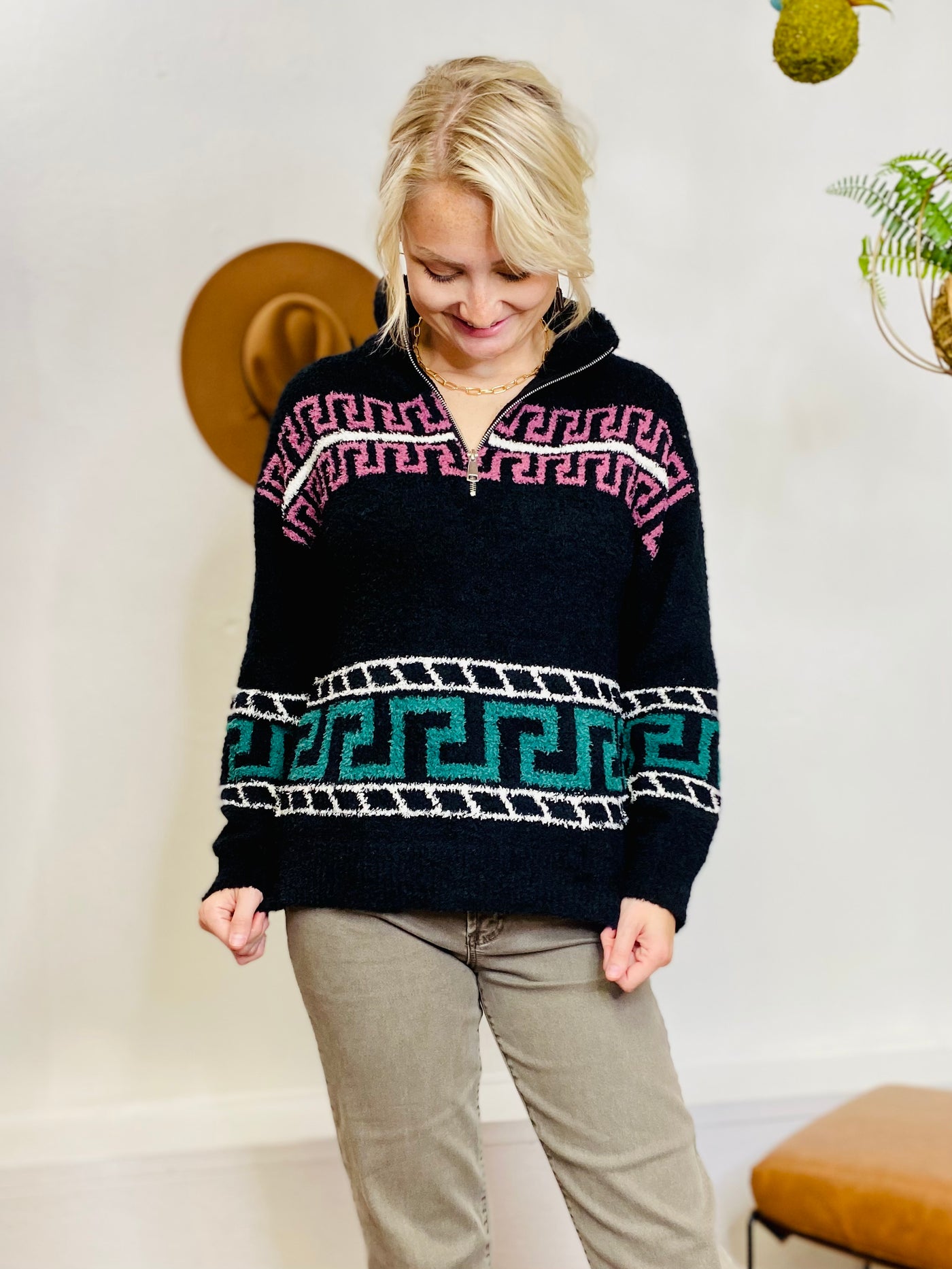 Aztec Soft Zip Pullover Sweater ELAN-Tops-Anatomy Clothing Boutique in Brenham, Texas