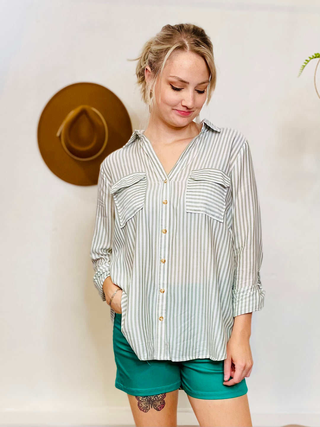 Betty Striped Button Up Long Sleeve Blouse-Tops-Anatomy Clothing Boutique in Brenham, Texas