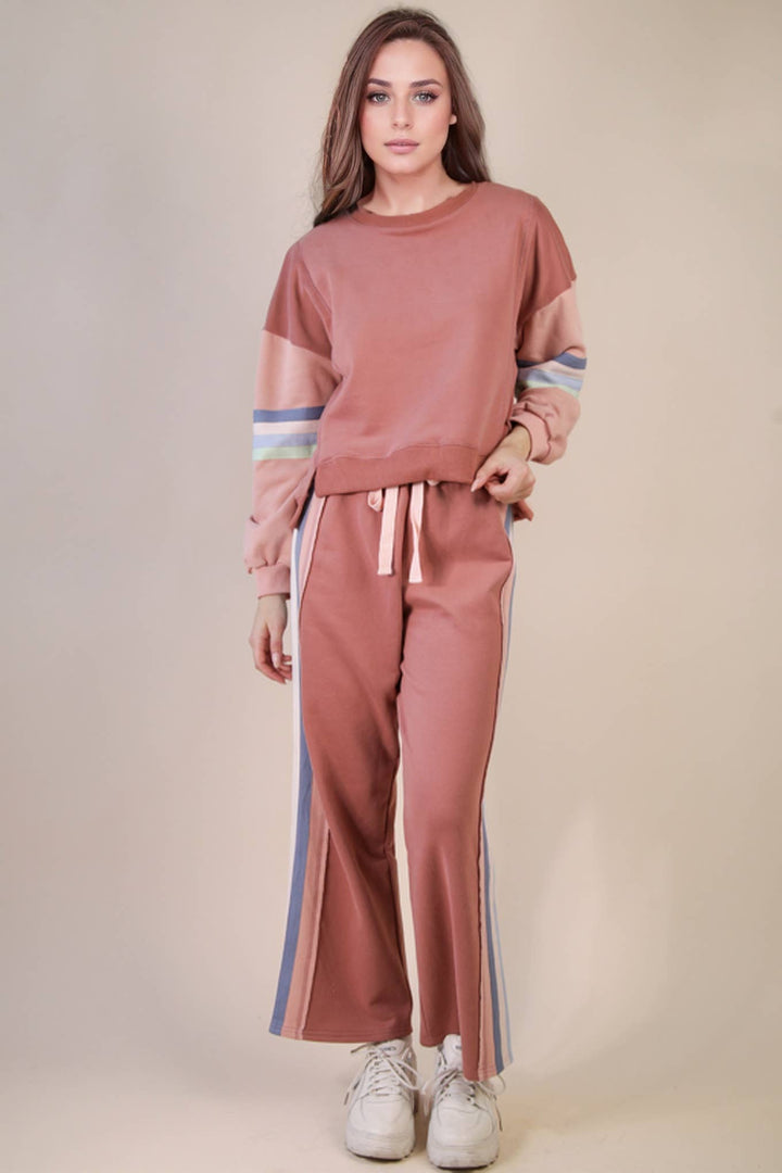 NT12360SET-Color Tape Detail Knit Top & Pants Comfy Set: DENIM / S-M-L/2-2-2-Anatomy Clothing Boutique in Brenham, Texas