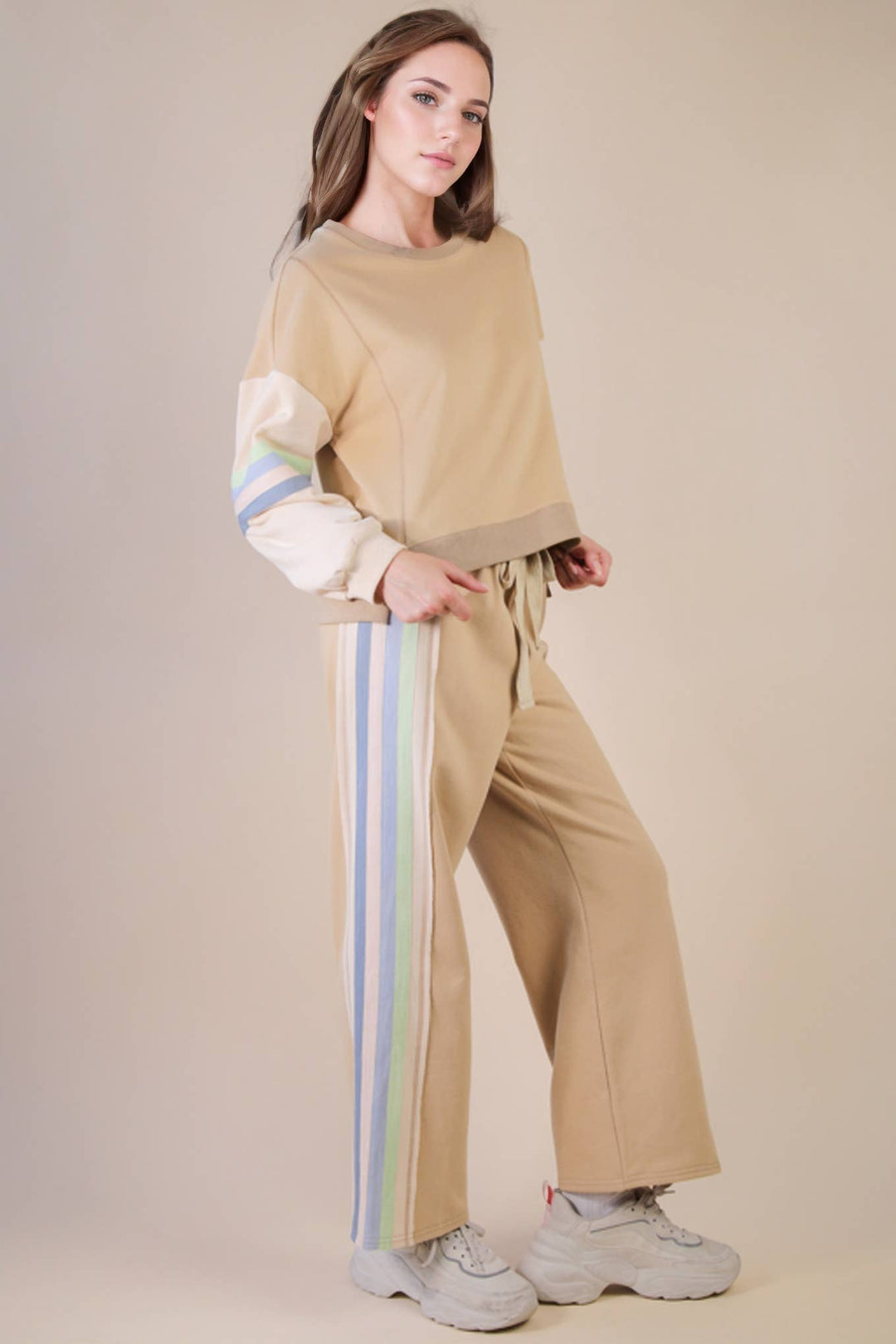 NT12360SET-Color Tape Detail Knit Top & Pants Comfy Set: DENIM / S-M-L/2-2-2-Anatomy Clothing Boutique in Brenham, Texas