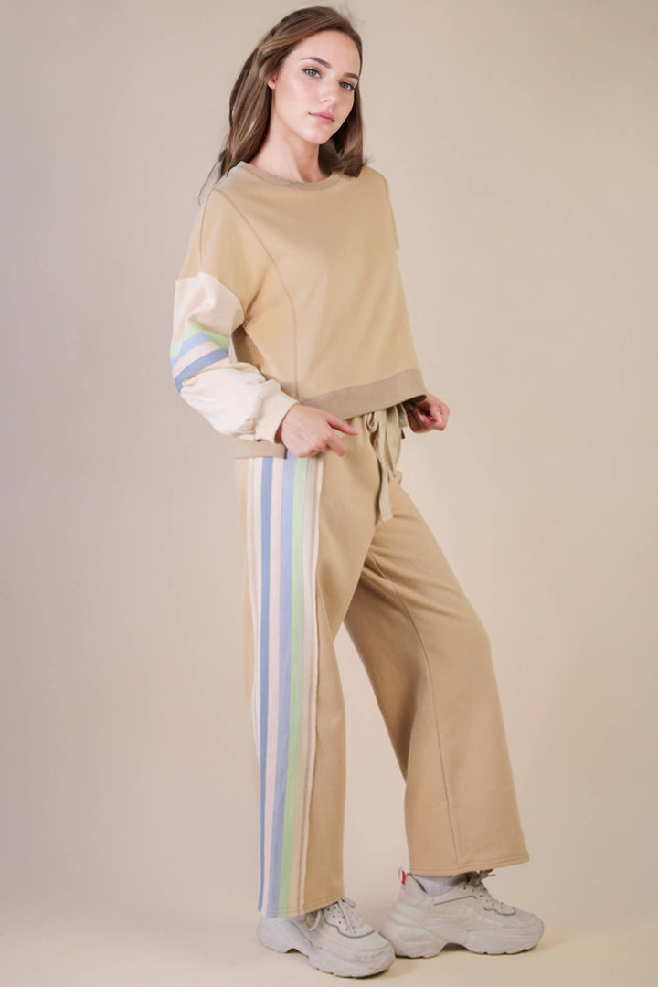 NT12360SET-Color Tape Detail Knit Top & Pants Comfy Set: DENIM / S-M-L/2-2-2-Anatomy Clothing Boutique in Brenham, Texas