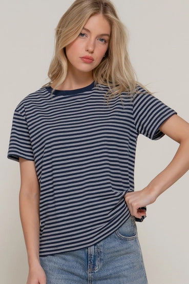 Sweet Stripe Tee - Navy-Tops-Anatomy Clothing Boutique in Brenham, Texas